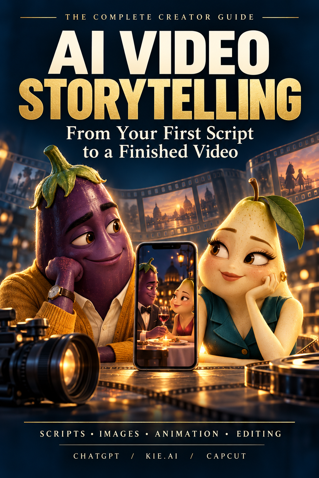 AI Video Storytelling book cover featuring two animated fruit characters, a phone and film reels