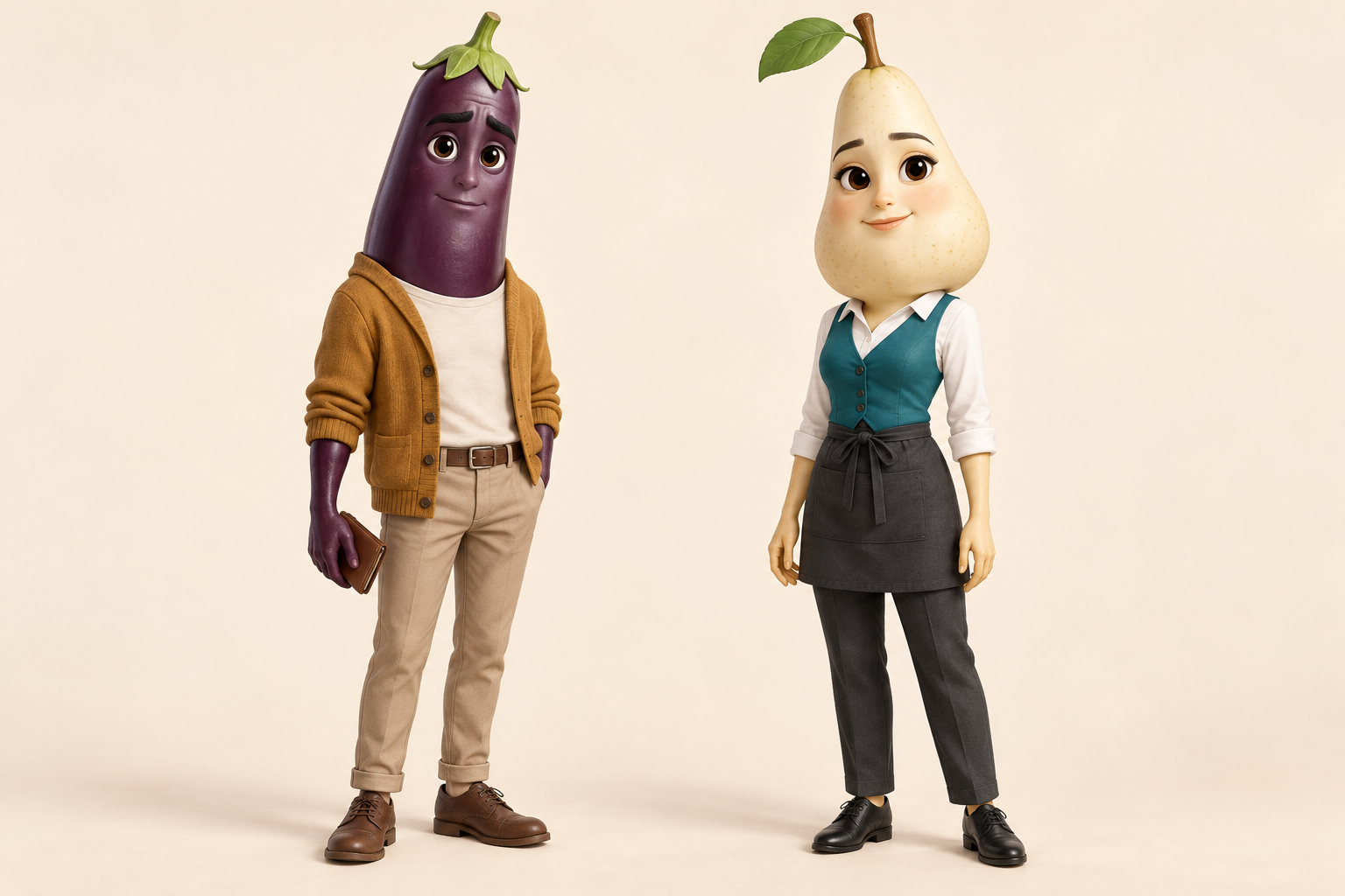 Practice character reference showing Noah the purple eggplant and Lina the ivory pear