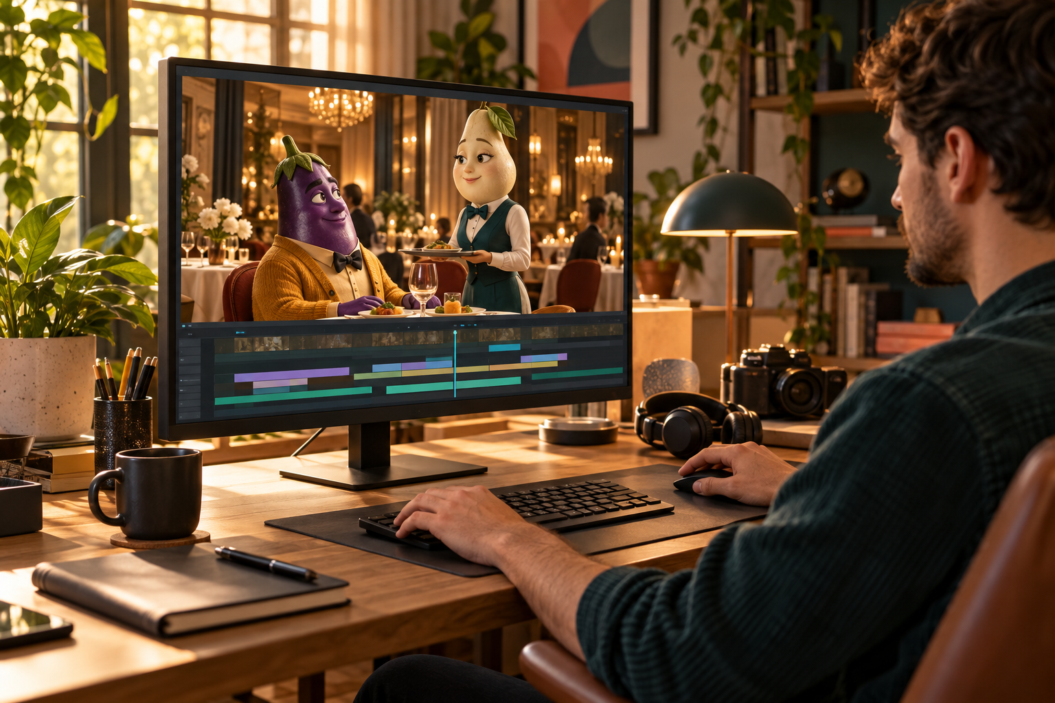 Illustration of a creator arranging story clips on an editing timeline