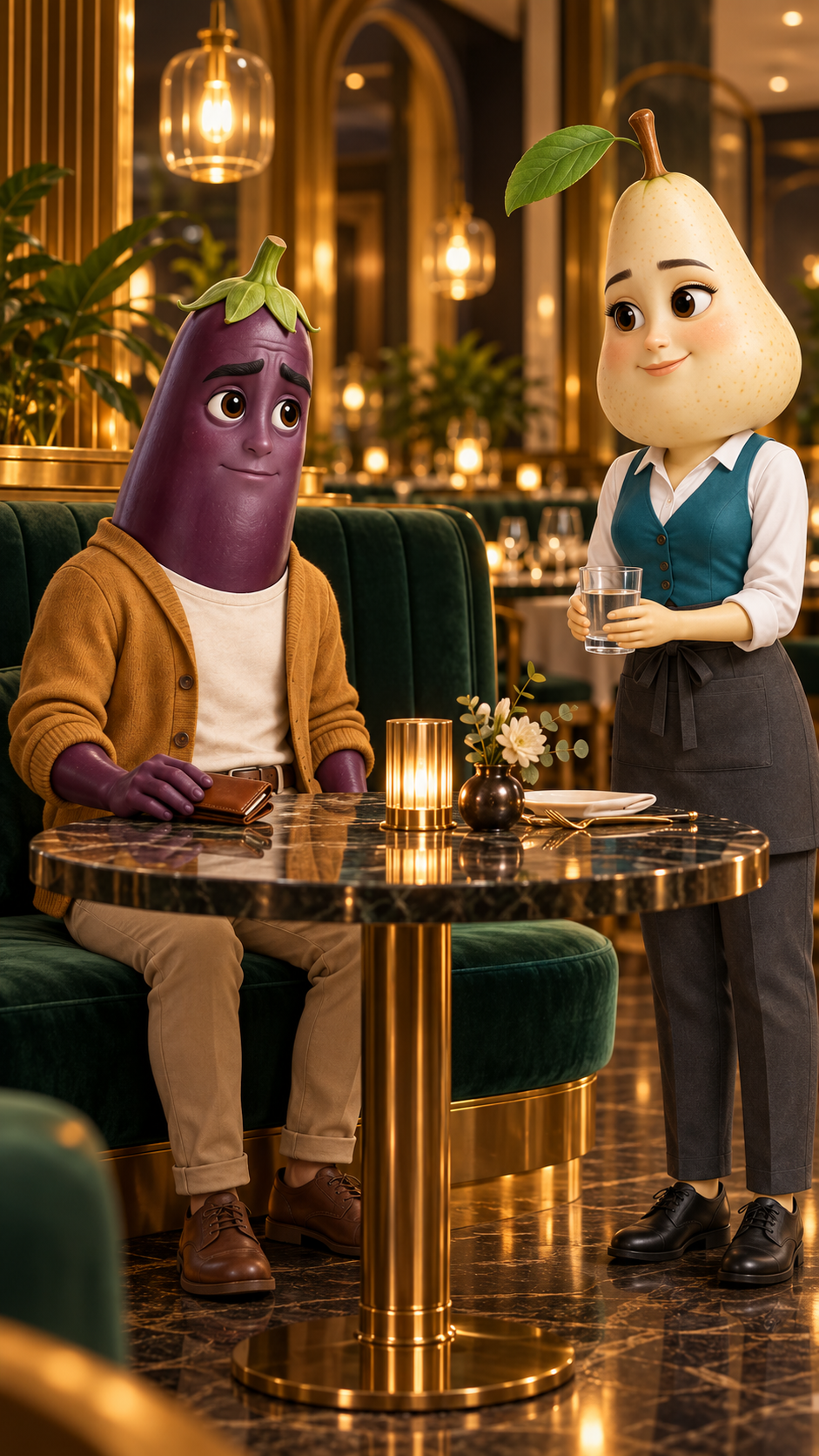 Vertical restaurant scene with Noah seated and Lina holding a glass of water